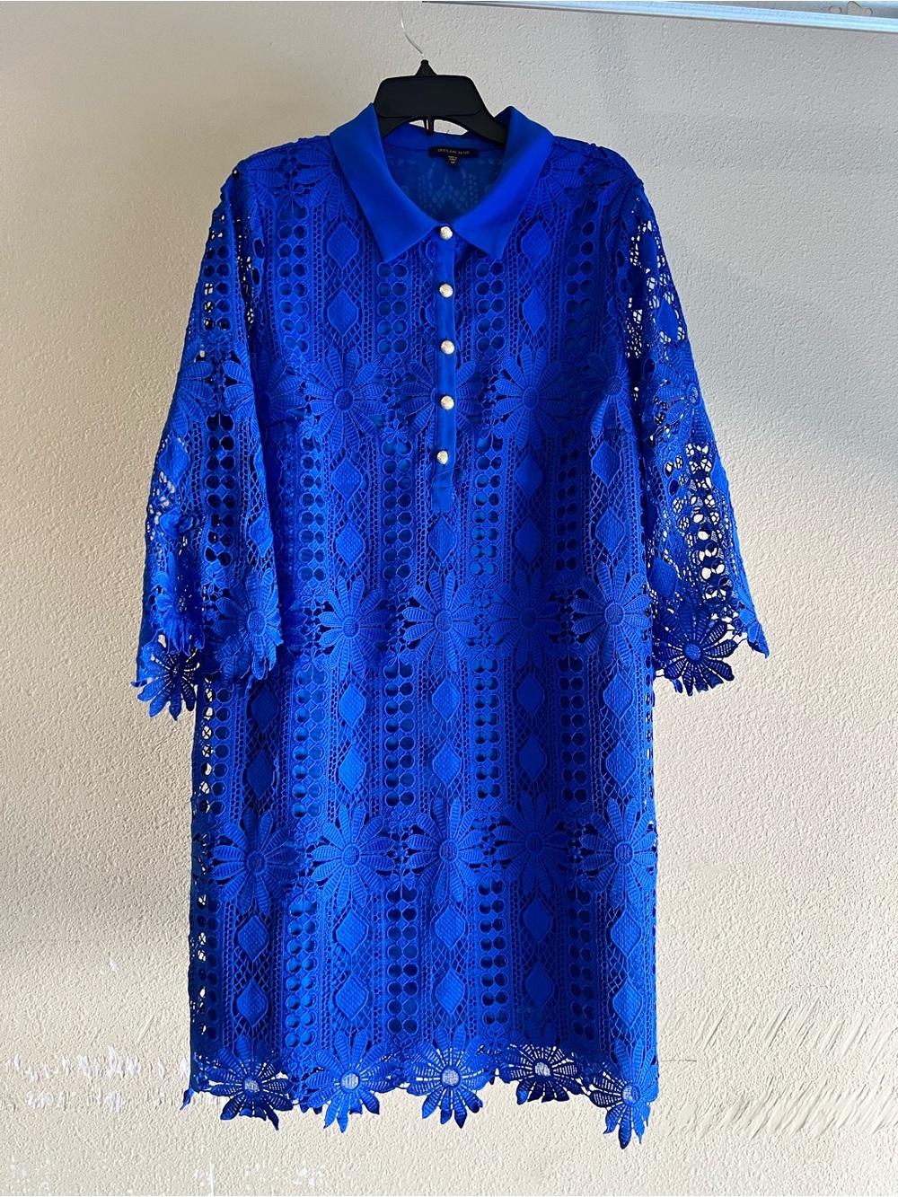Skies Are Blue Royal Blue Crochet Midi Dress with Collar